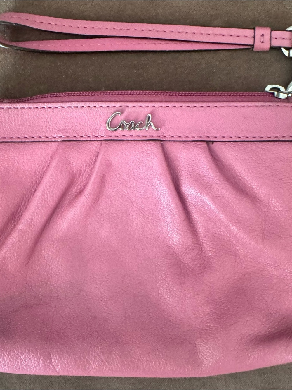 Coach Pink Leather Wristlet Clutch with Script Logo